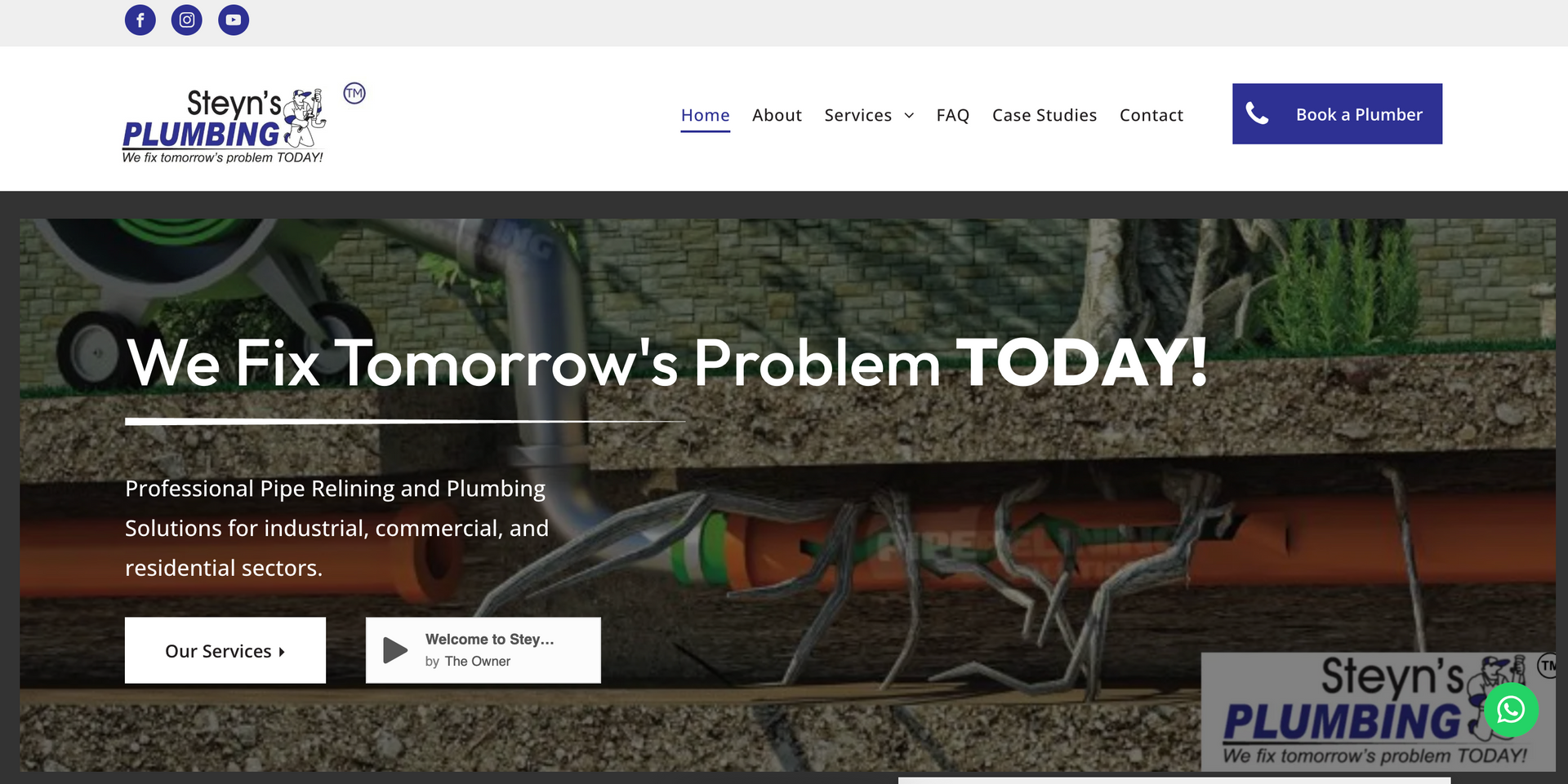 Homepage banner for Siley’s Plumbing with plumbing pipes, headline, and call-to-action buttons
