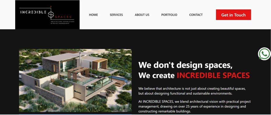 Website homepage showcasing architectural design services. A modern house is featured with text 