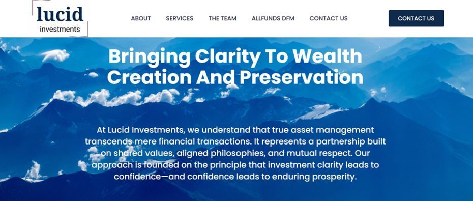 Lucid Investments website homepage with blue mountain background and text.