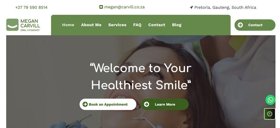 Pivot2Connect designed the modern website for Megan Carvill Oral Hygiene in Waterkloof Ridge.