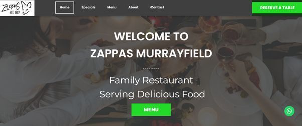 Zappas Murrayfield restaurant website, welcome message, and 