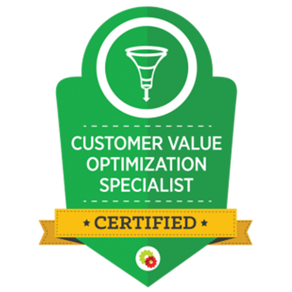A green badge that says customer value optimization specialist certified