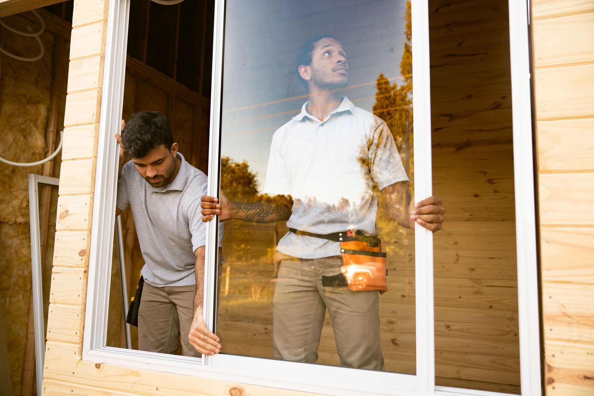 Two people installing a sliding glass window in a wooden building. One adjusts a frame, the other looks up.