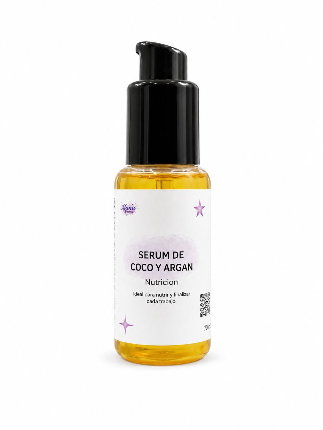 Frasco ámbar de SÉRUM DE COCO Y BERGANOTE con tapón dosificador negro y etiqueta blanca.