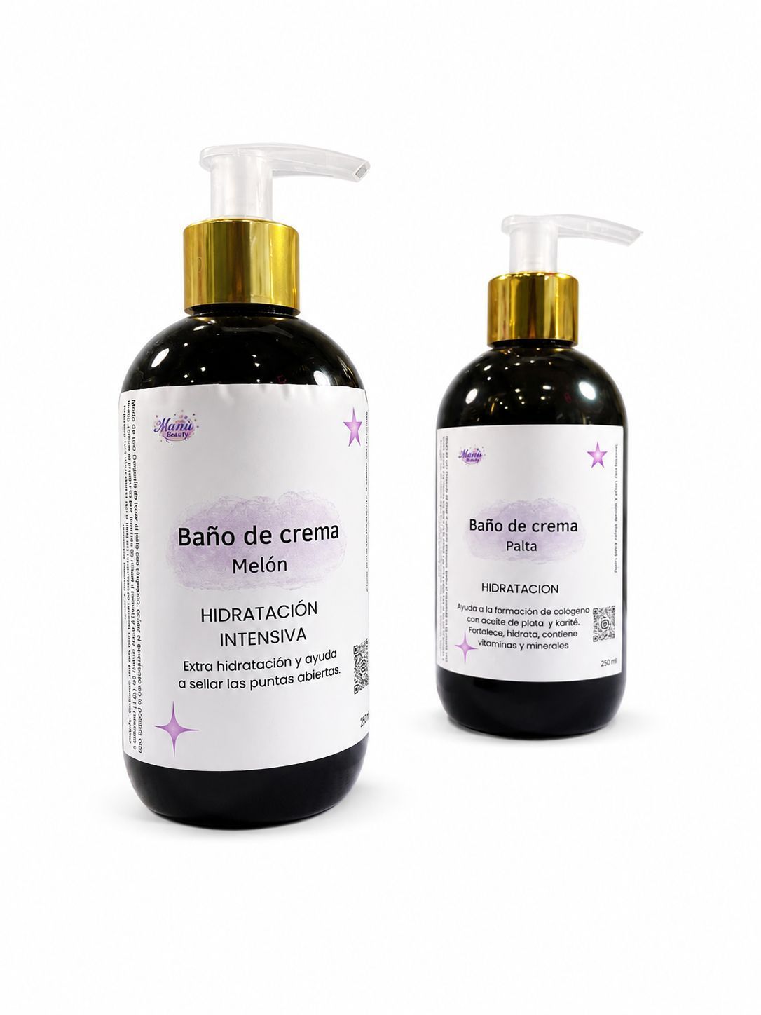 Dos botellas negras con dosificador, tapones dorados y etiquetas blancas sobre un fondo blanco.
