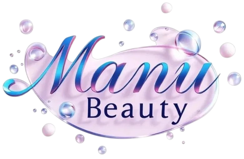 Logotipo de Manu Beauty en letras rosas y azules con burbujas flotantes sobre un fondo blanco.