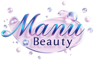 Logotipo de Manu Beauty en letras rosas y azules con burbujas flotantes sobre un fondo blanco.