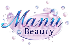 Logotipo de Manu Beauty en letras rosas y azules con burbujas flotantes sobre un fondo blanco.