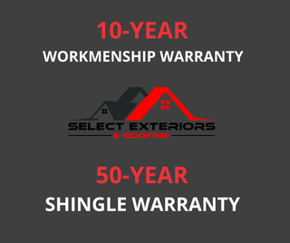 Advertisement for Select Exteriors & Roofing; offering a 10-year workmanship warranty and a 50-year shingle warranty.