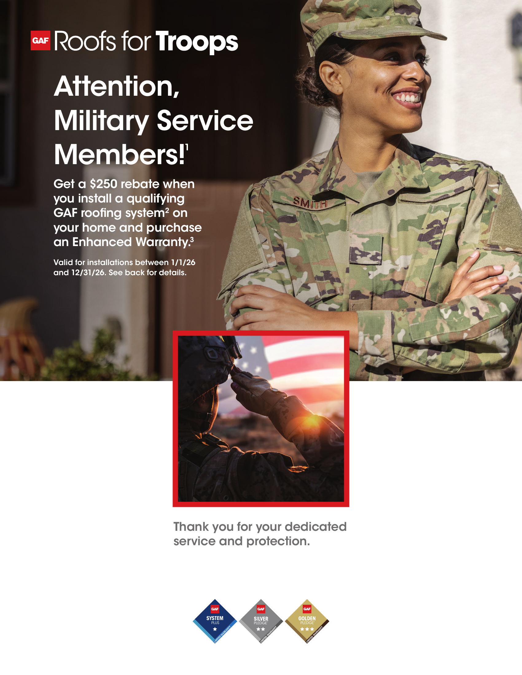 GAF Roofs for Troops $250 military rebate offer.