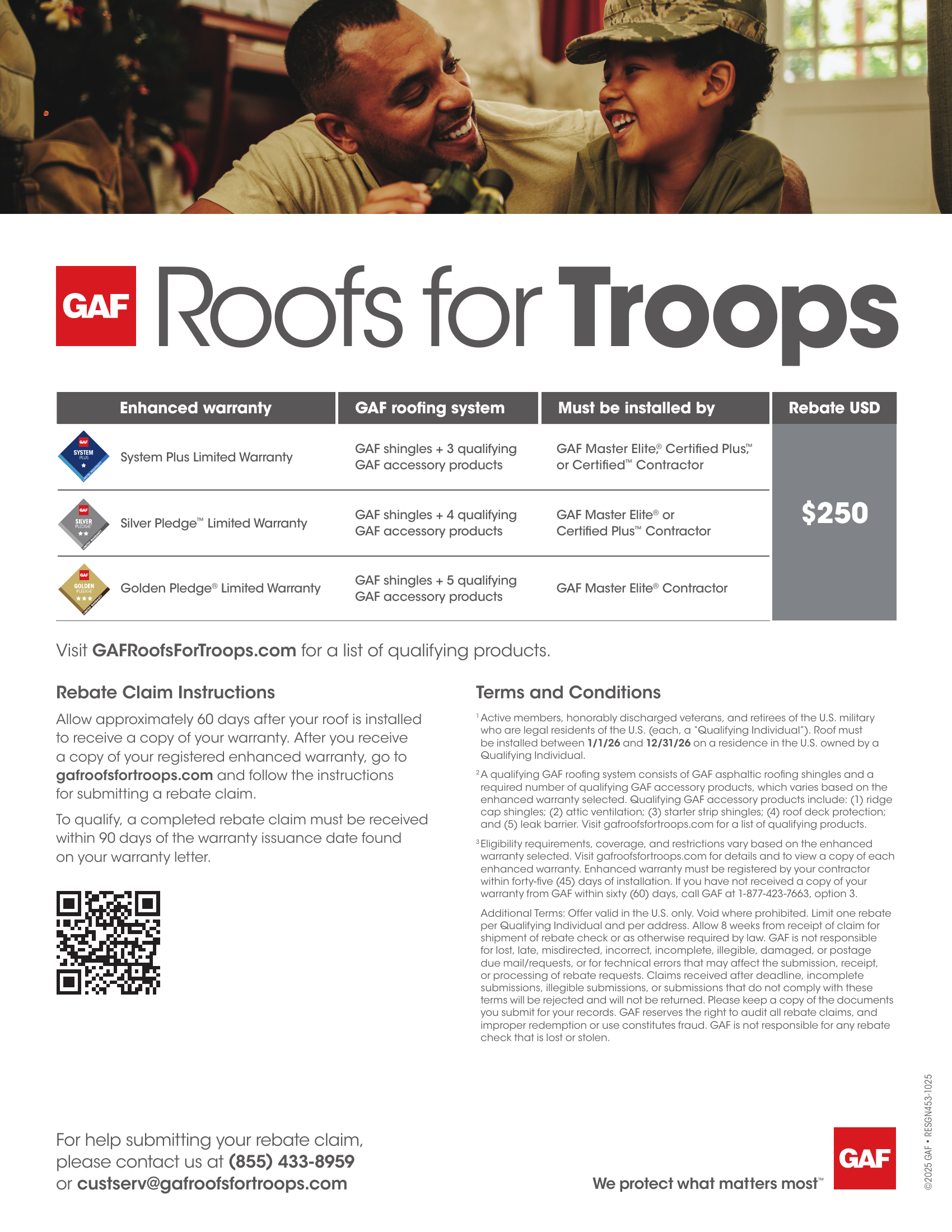 GAF Roofs for Troops warranty details and rebate terms.
