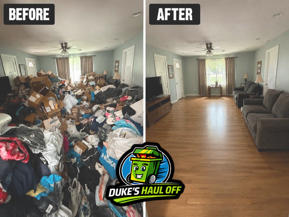 Before-and-after yard cleanup: debris pile removed, revealing a clear wooded area and cabin.