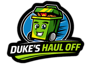 Logo of a green smiling garbage bin mascot with &ldquo;DUKE&rsquo;S HAUL OFF&rdquo; text on black and lime banner