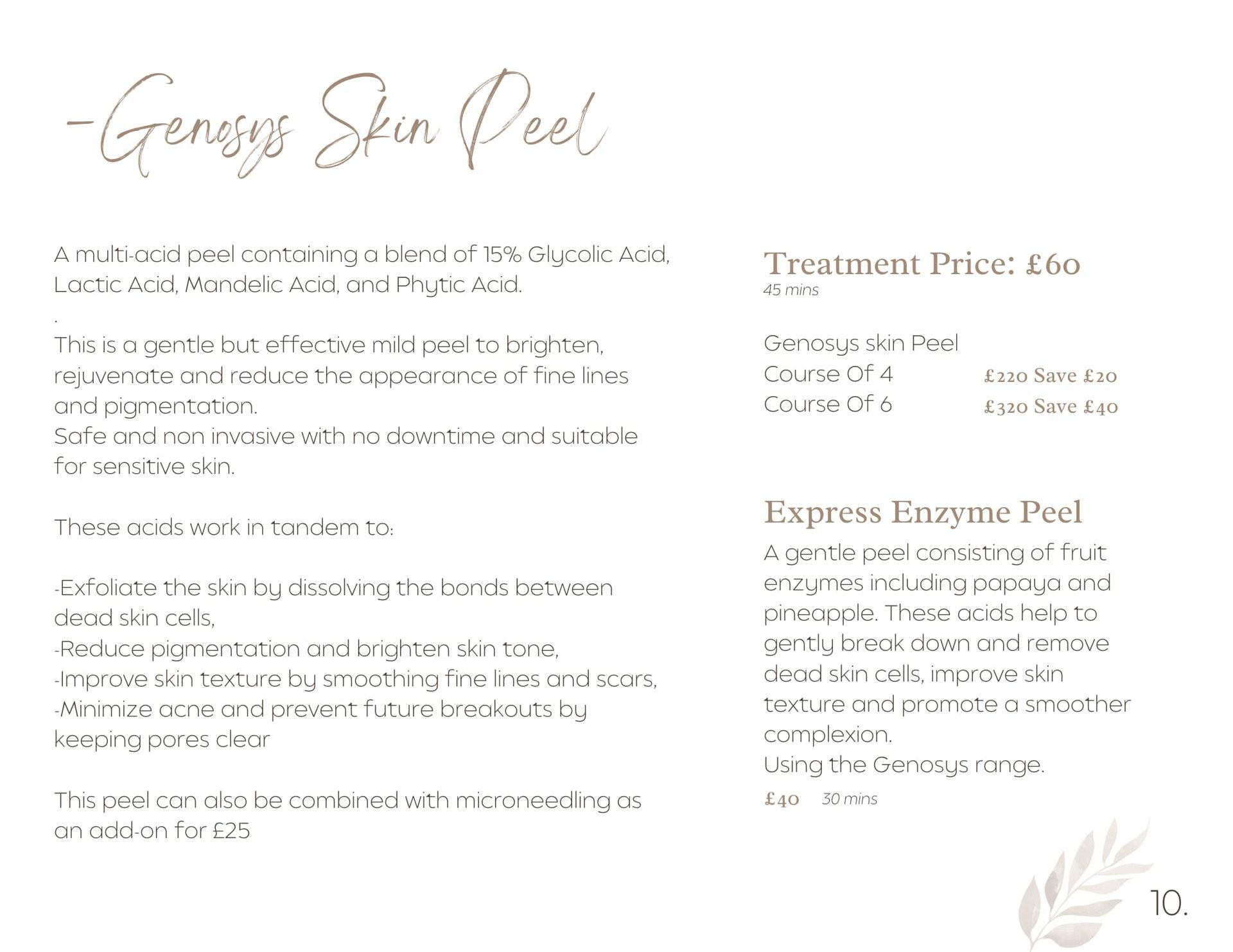 Genius Skin Peel advertisement. Text on benefits, price, and how to prepare. Decorative leaf design.