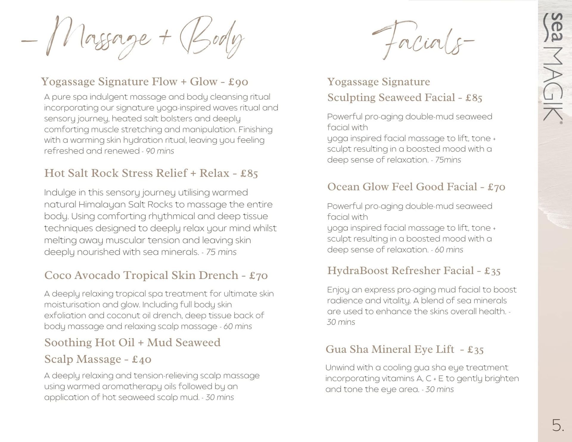 Spa services menu: massages and facials; beige background, dark text.