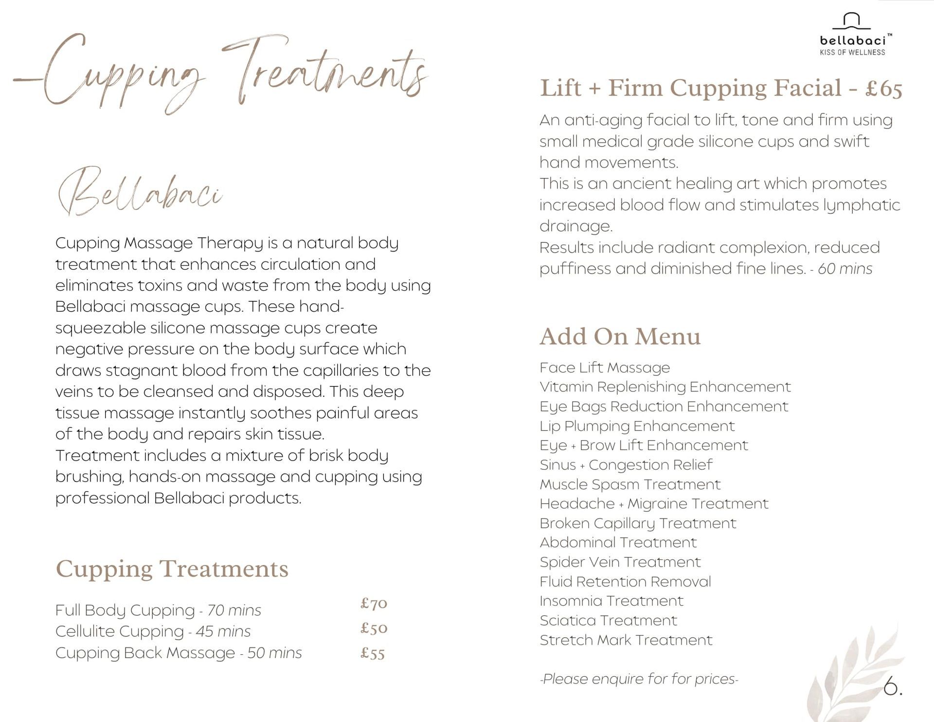 Menu of cupping treatments and add-ons; white background, elegant font.