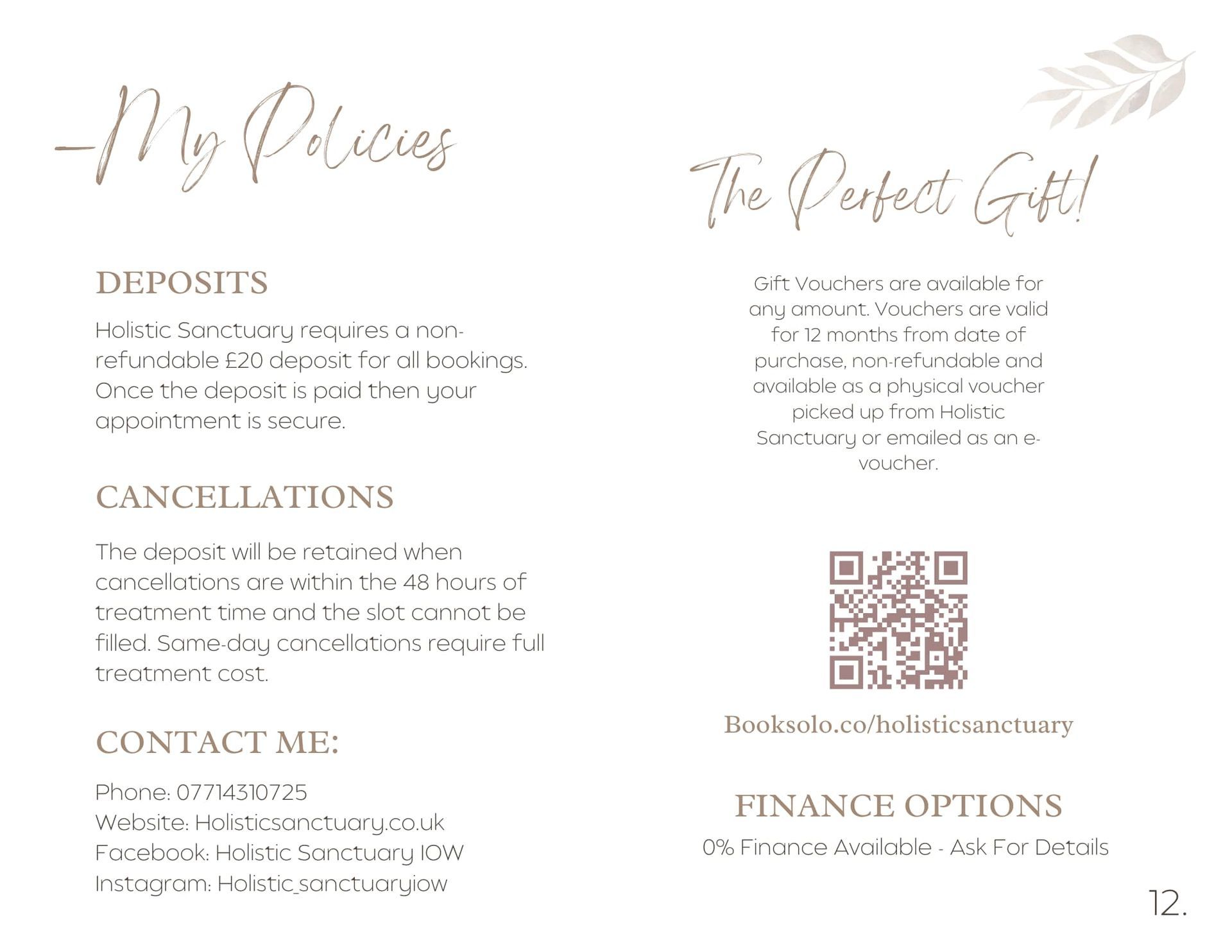 Brochure with business policies, contact info, and QR code for financing.