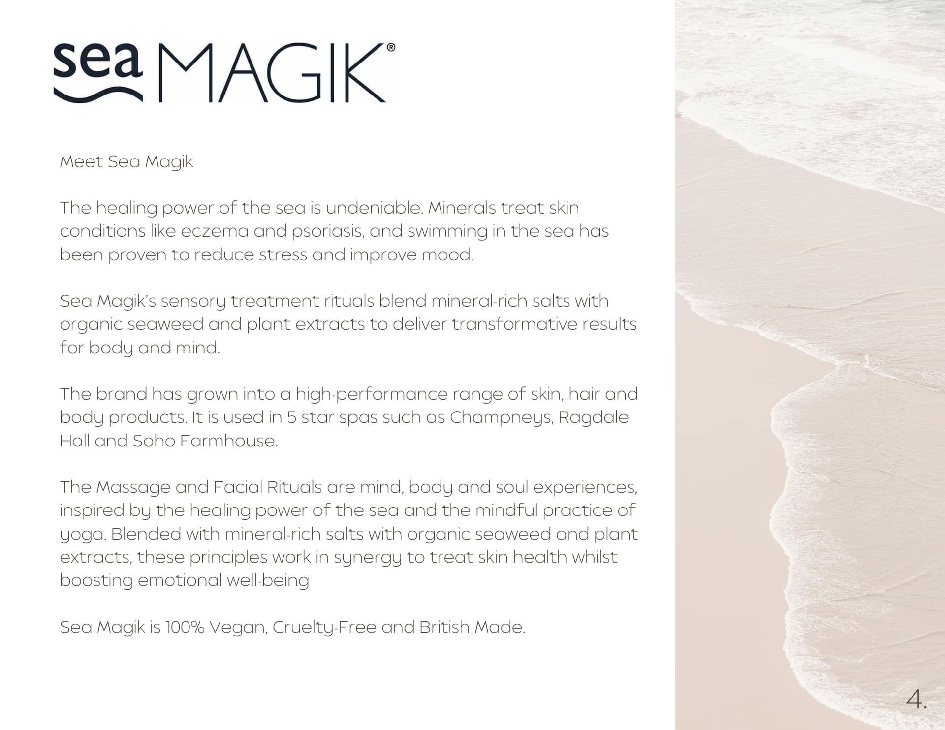 Sea Magik logo with text on left, beach waves on right.