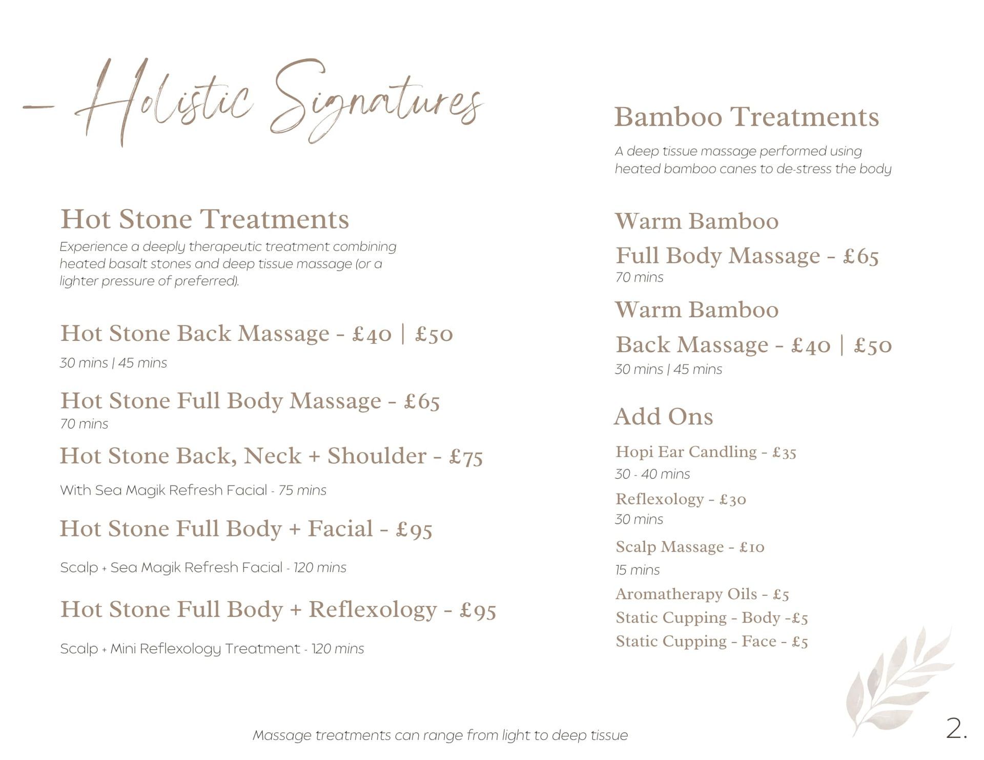 Spa menu featuring hot stone and bamboo treatments.