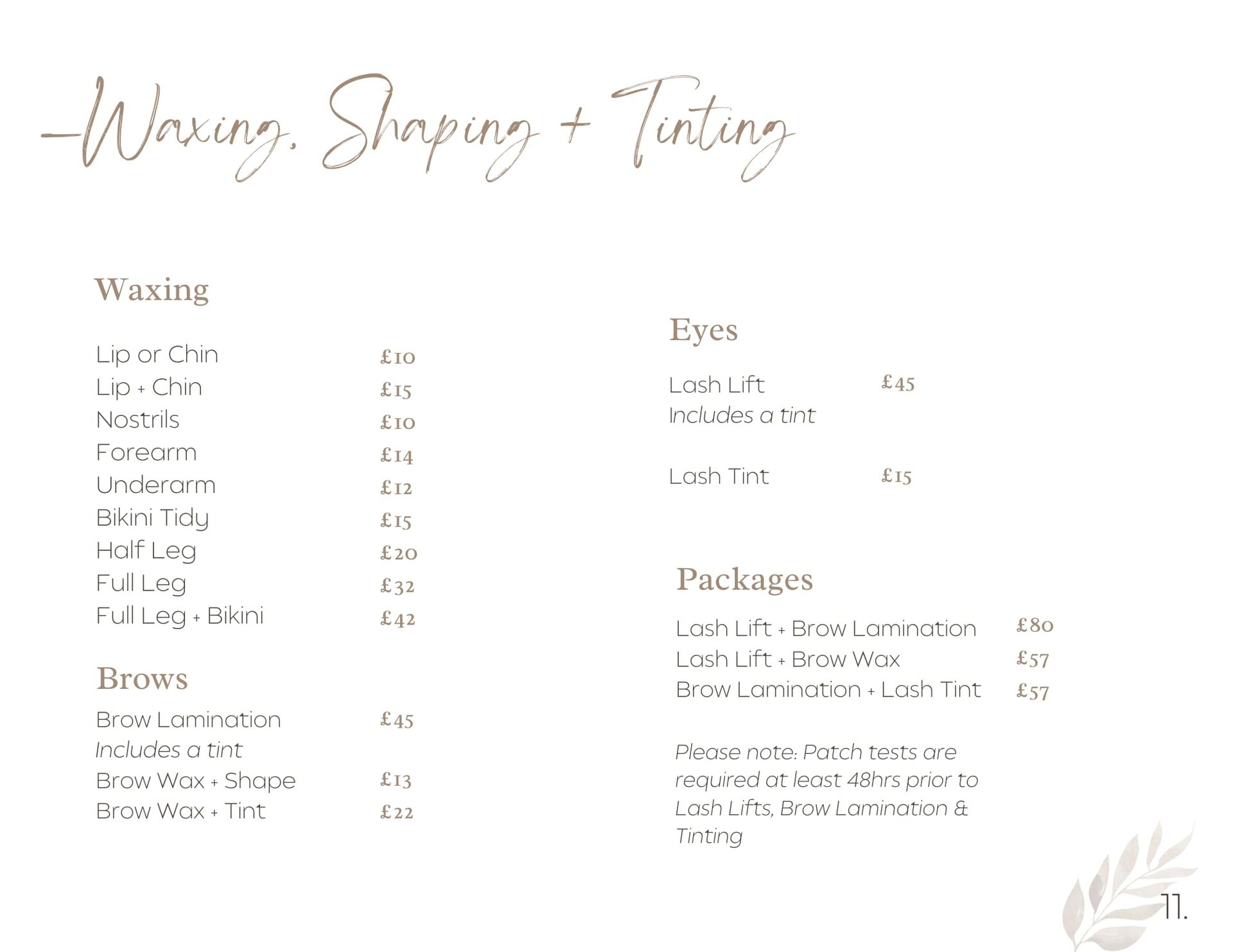 Price list for waxing, shaping, and tinting services, including brows and eyes.