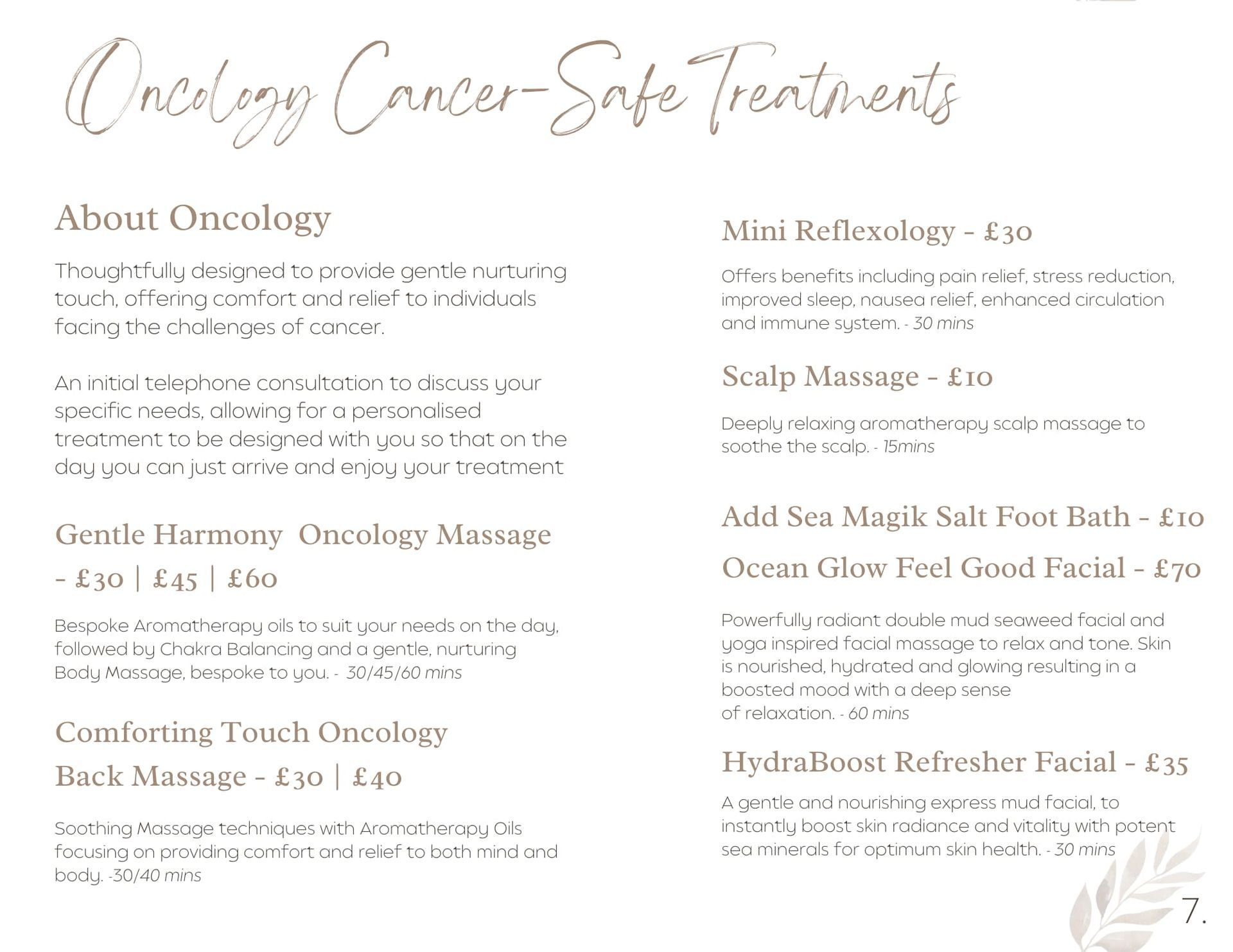 Menu for Oncology Cancer-Safe Treatments with descriptions and prices.