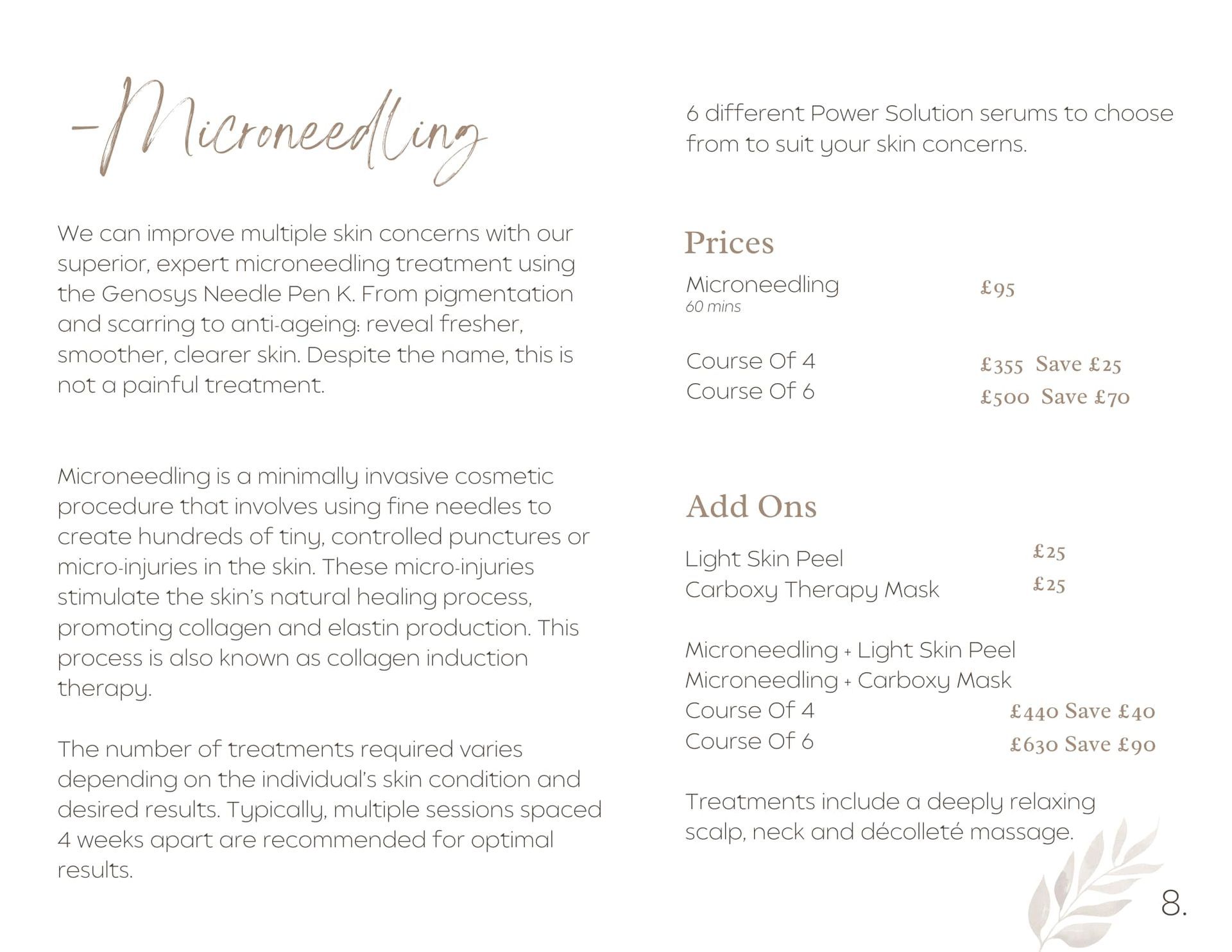 Microneedling service price list. Text over a floral design. Includes prices, and add-on options.