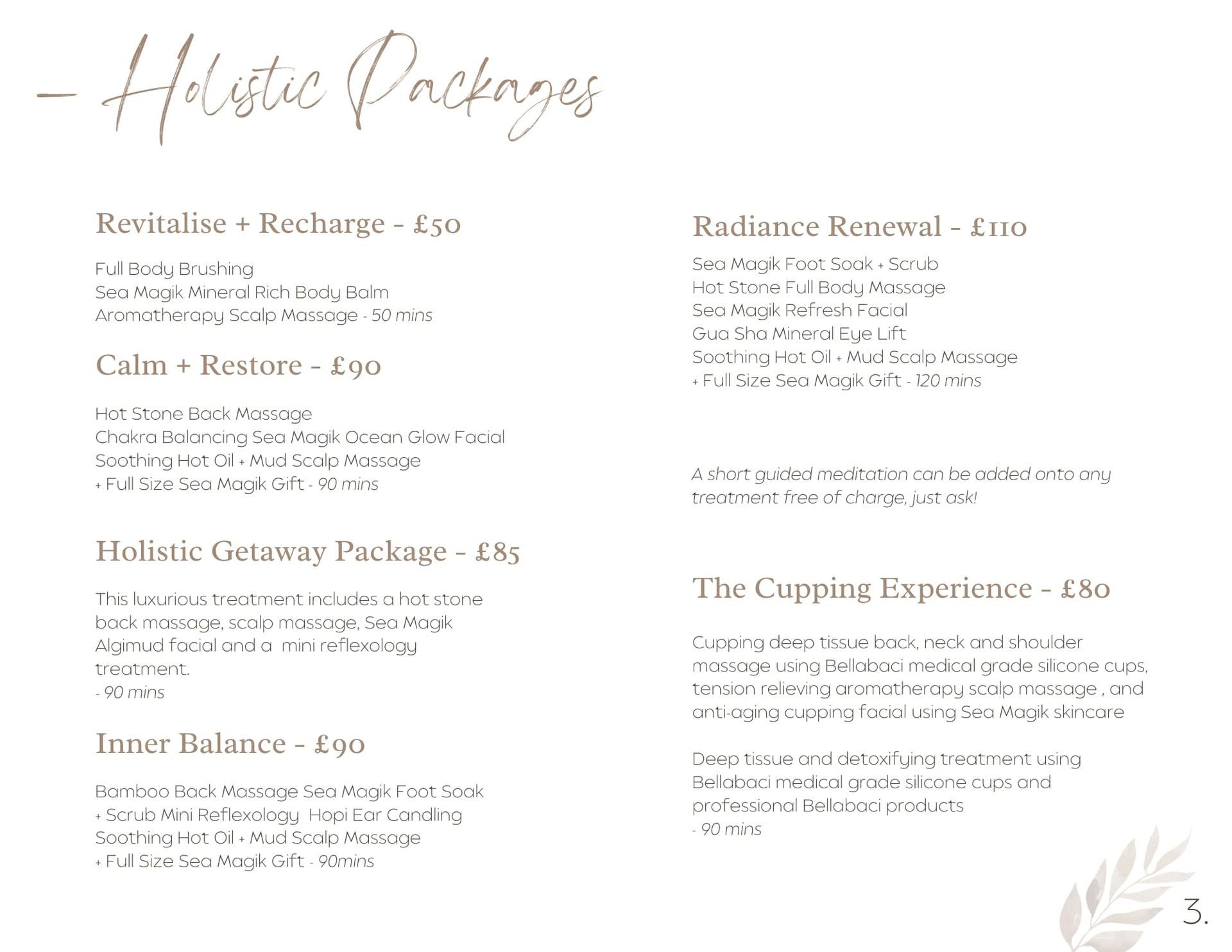 Holistic packages menu with titles like 