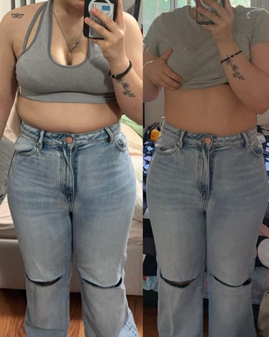 A woman taking a picture of herself before and after losing weight