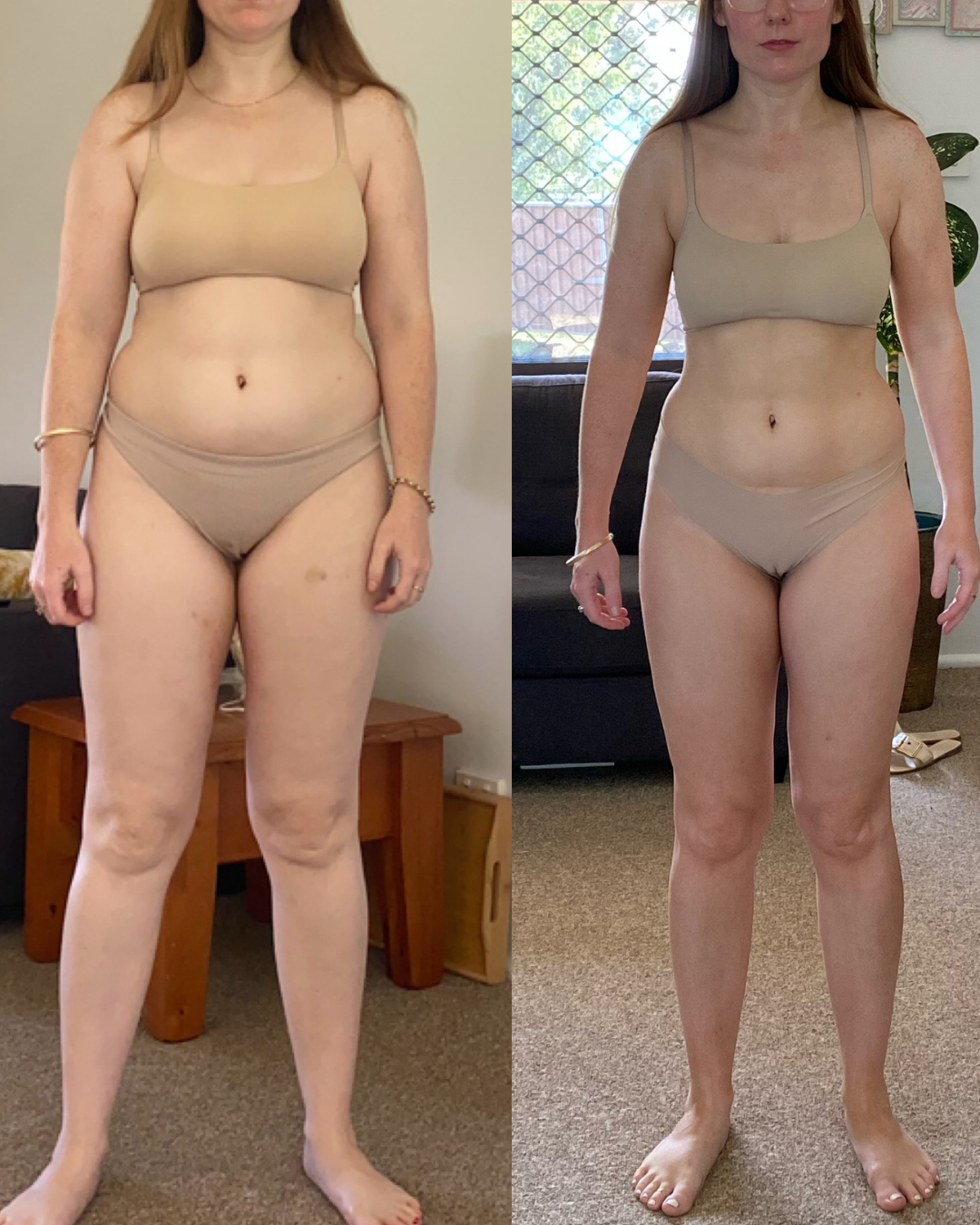 A before and after photo of a woman in underwear standing in a living room.