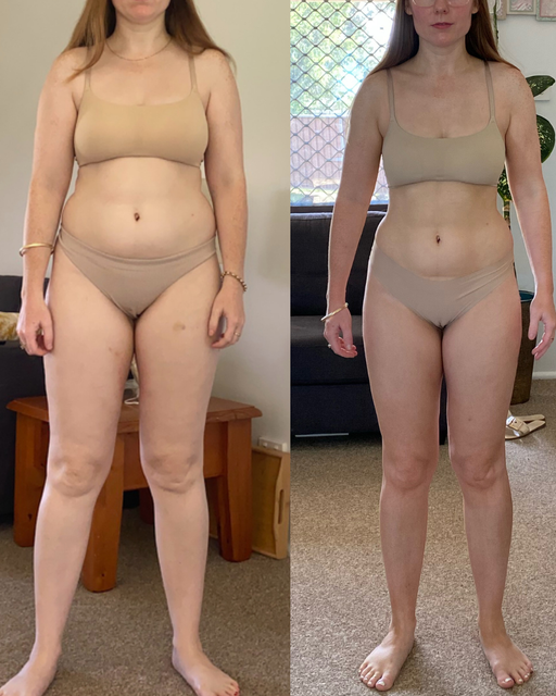 A before and after photo of a woman in underwear standing in a living room.