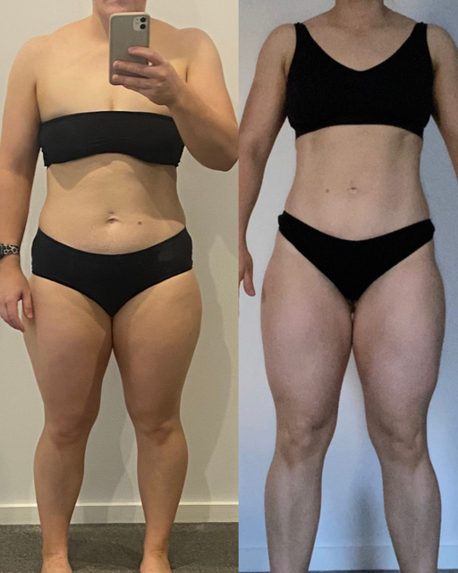 A woman taking a picture of herself before and after losing weight