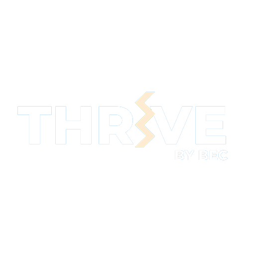 The word thrive is written in pink letters on a white background.