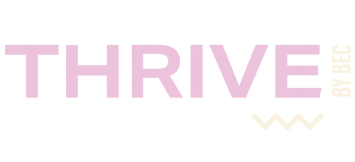The word thrive is written in pink letters on a white background.