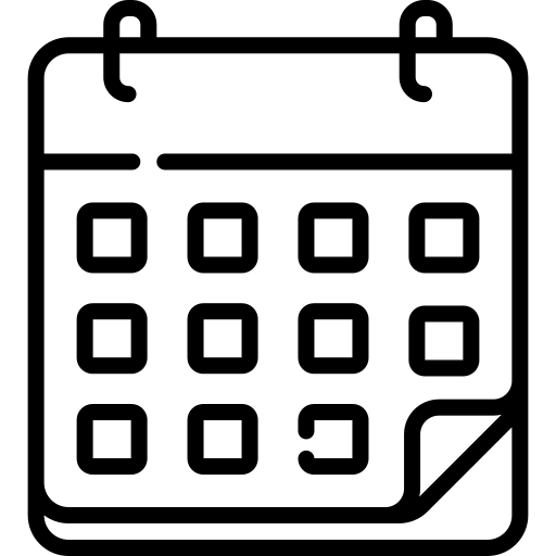 A black and white icon of a calendar with a sticker on it.