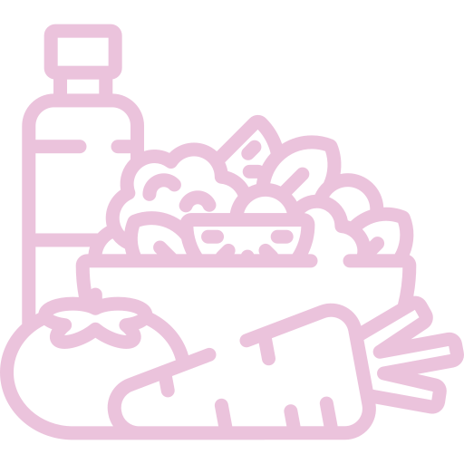 A line drawing of a bowl of vegetables and a bottle.
