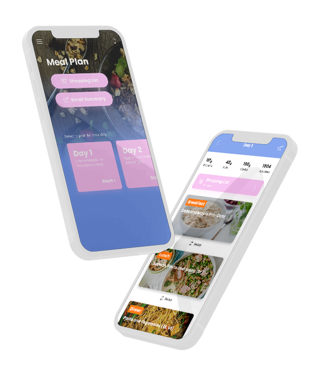 Two phones are displaying a meal plan app on their screens.