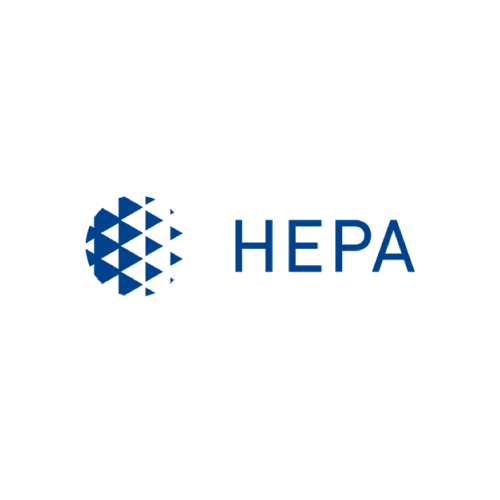 A blue logo with the word hepa on it