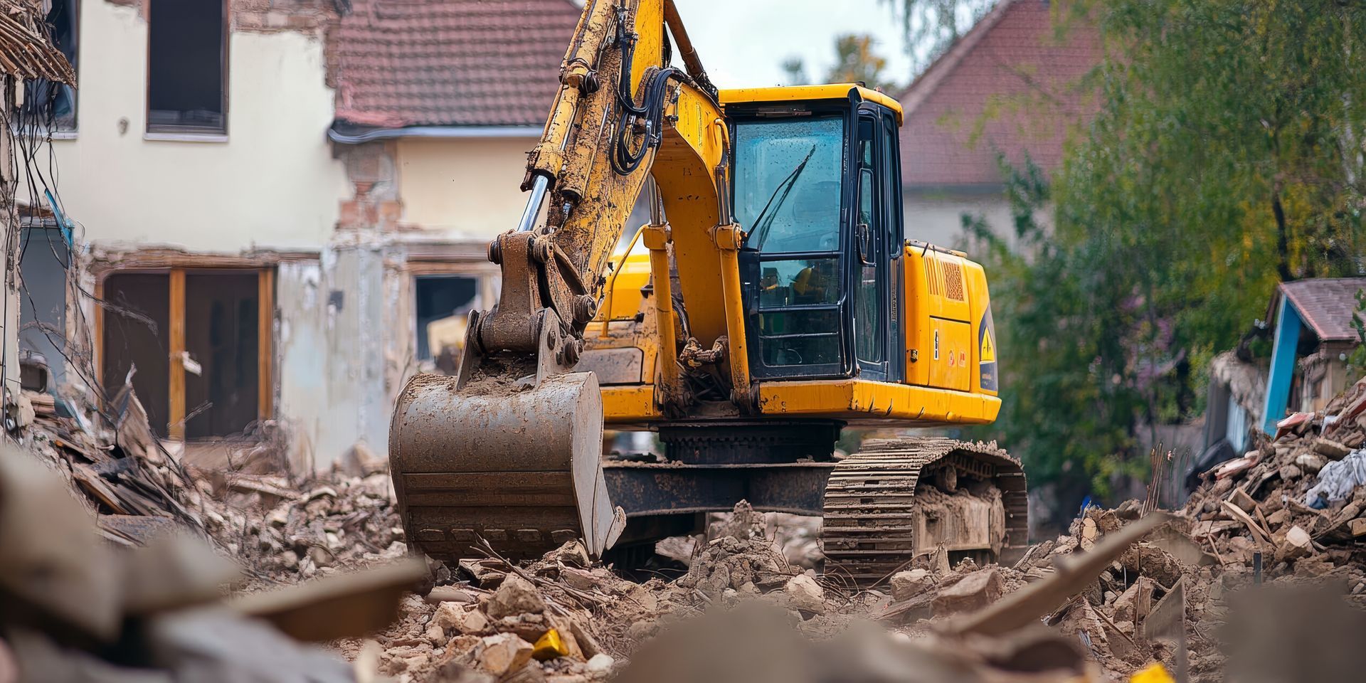 Crawler excavator breaking residential concrete debris during professional demolition services.