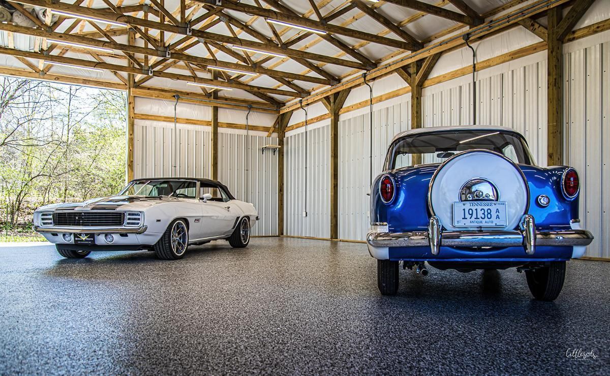 White classic car in a garage with epoxy garage floor