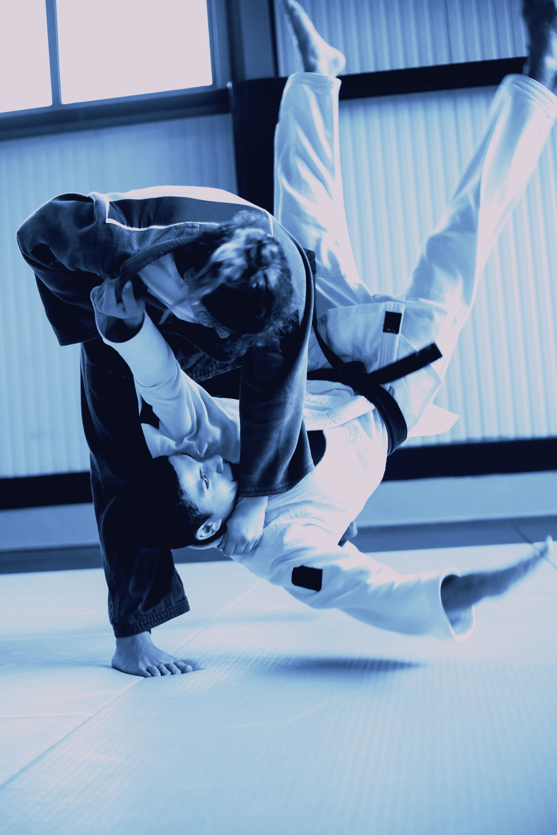 A man is being thrown in the air by another man in a judo match