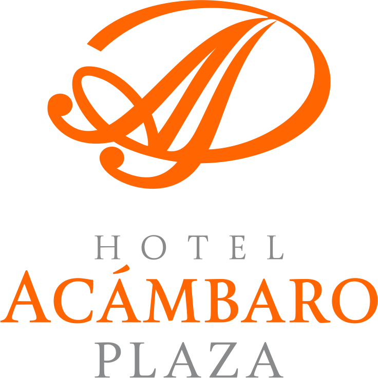 Logotipo para Hotel Acámbaro Plaza: "A" naranja dentro de un remolino, con el texto "HOTEL ACÁMBARO PLAZA" debajo en gris.