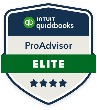 Intuit QuickBooks ProAdvisor Elite badge with four stars. Dark blue, white, and green colors.