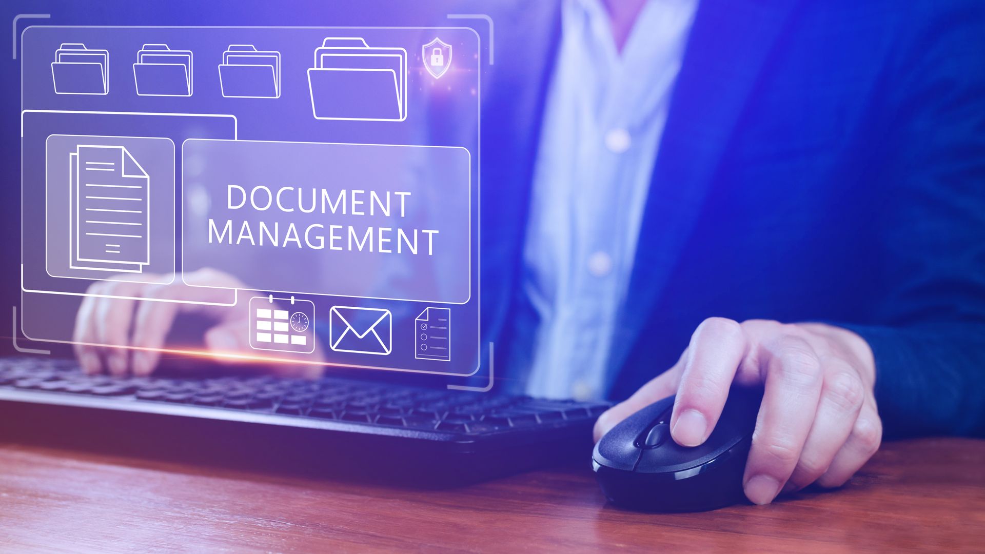 Person using a computer mouse with a digital overlay showing document management icons.