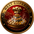 Golden West Emperor badge with a lavish food platter and chef’s hat on a red background