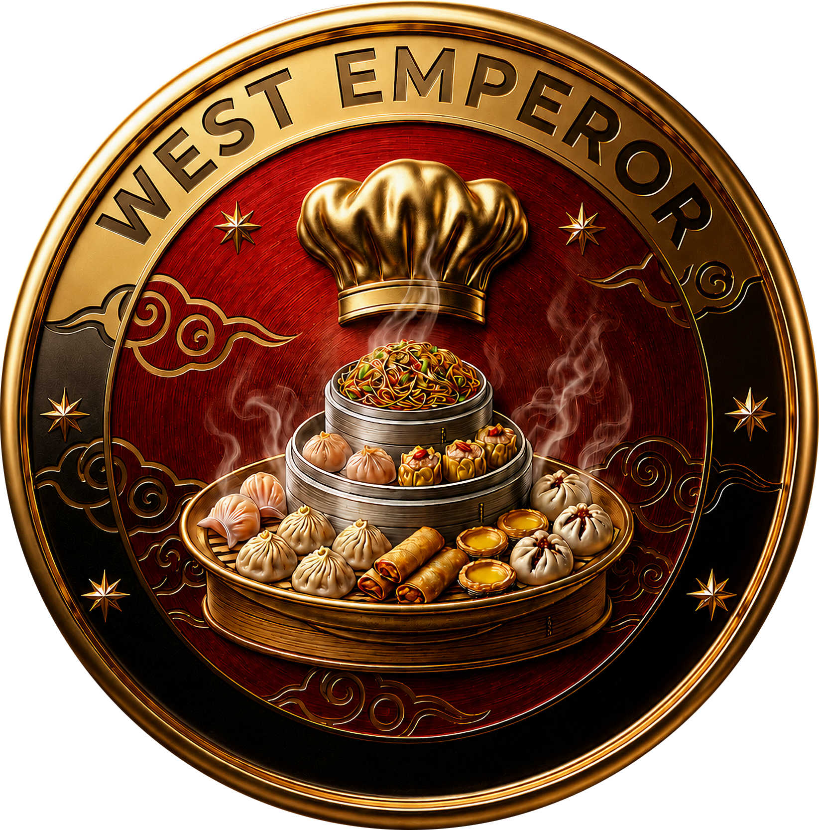 Golden West Emperor badge with a lavish food platter and chef&rsquo;s hat on a red background