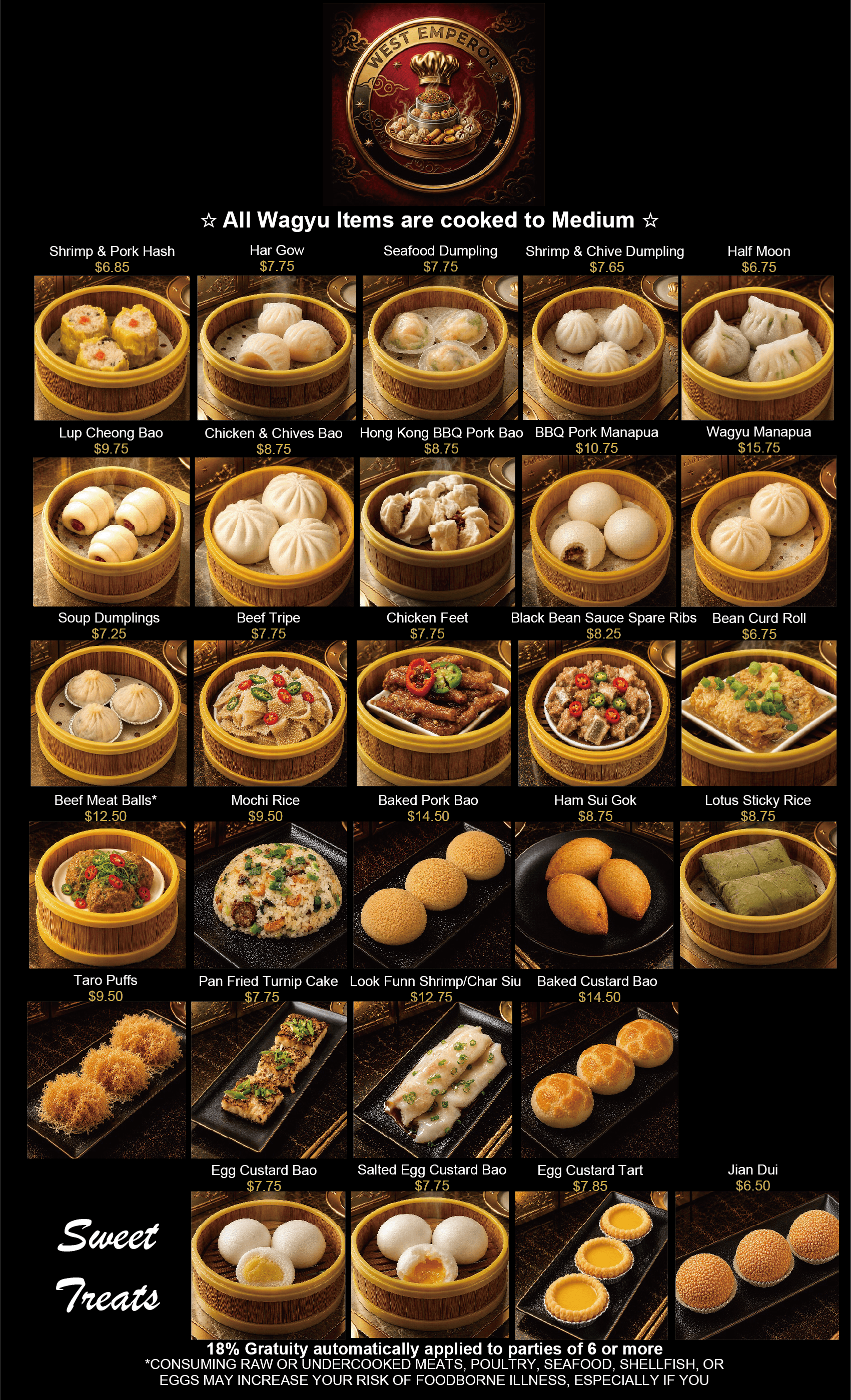 Menu poster of assorted sweet desserts and pastries arranged in rows on a dark background.