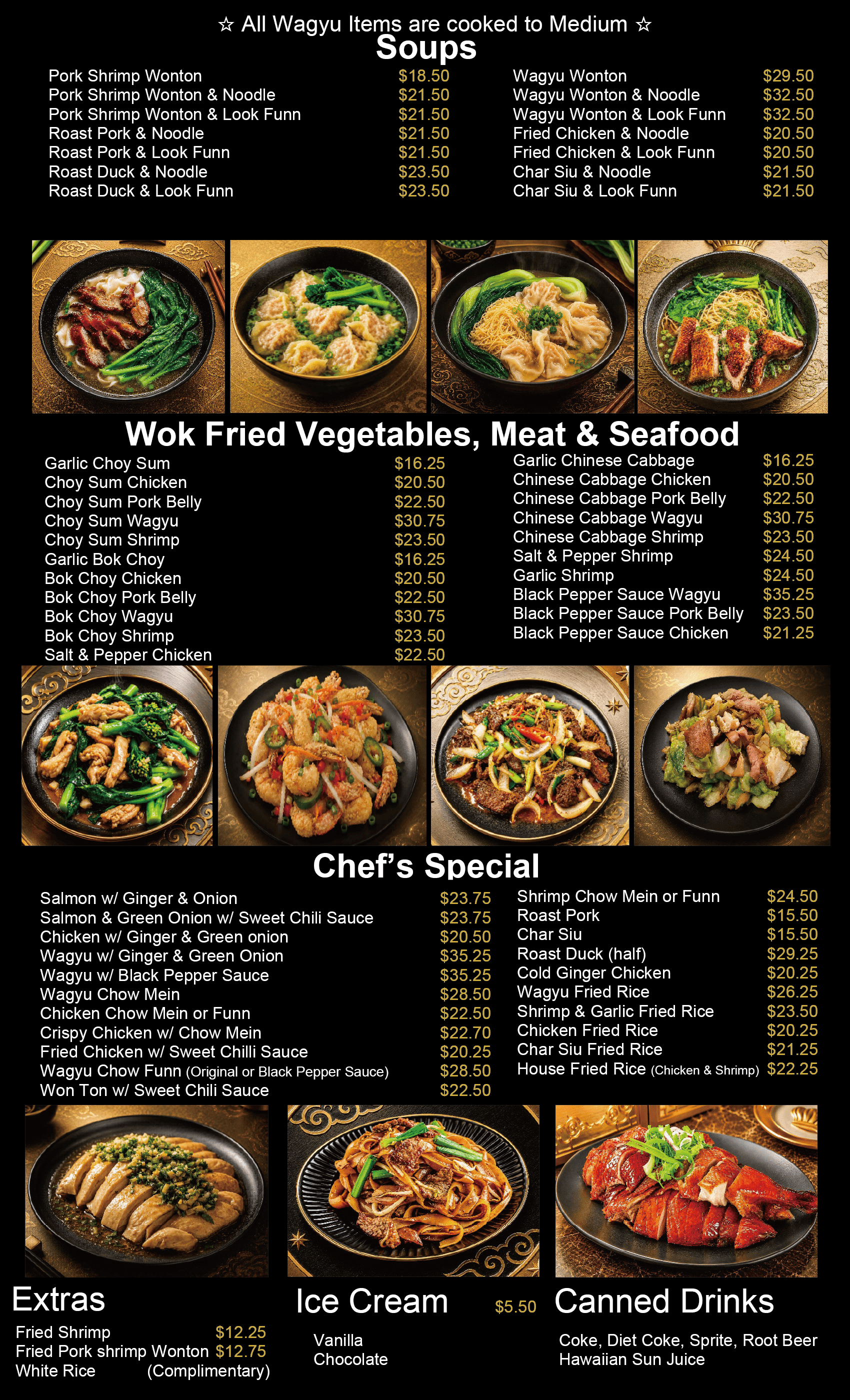 Dark restaurant menu board with food photos and prices for soups, seafood, chef specials, and drinks