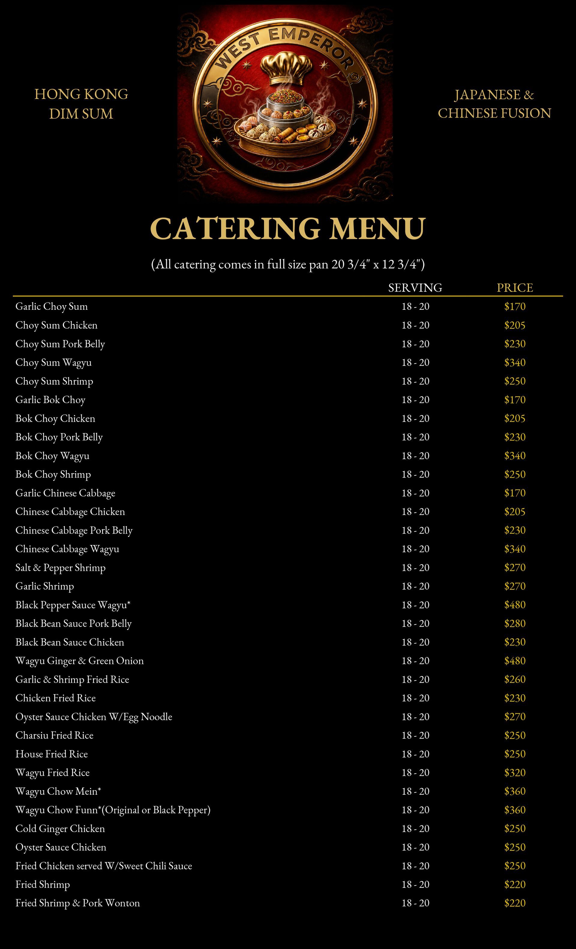 Black-and-gold catering menu with restaurant logo and item list with prices on a dark background