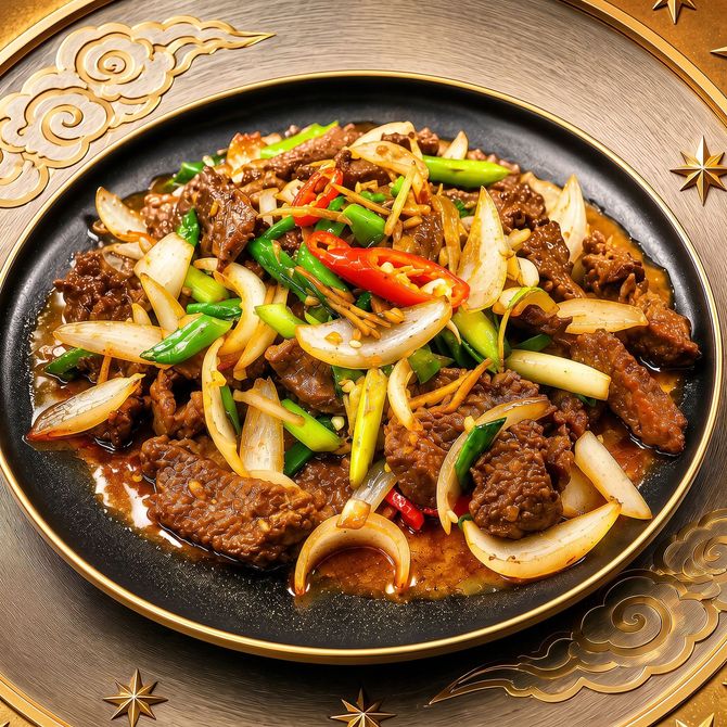 Stir-fried beef with onions, green peppers, and red chilies on a black plate