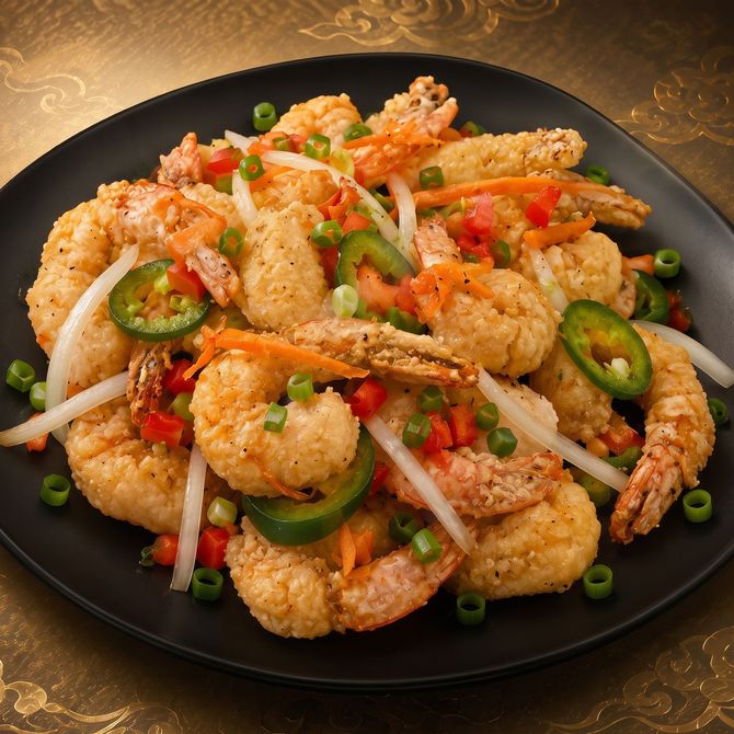 Spicy fried shrimp with sliced chilies and scallions on a black plate